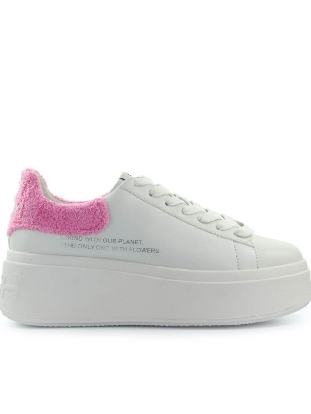 ASH BEE KIND - White Platform Sneakers with Pink Plush Heel Accent